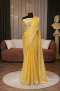 Elegant Sunshine Yellow Shimmer Saree with Embellished Border for Mom