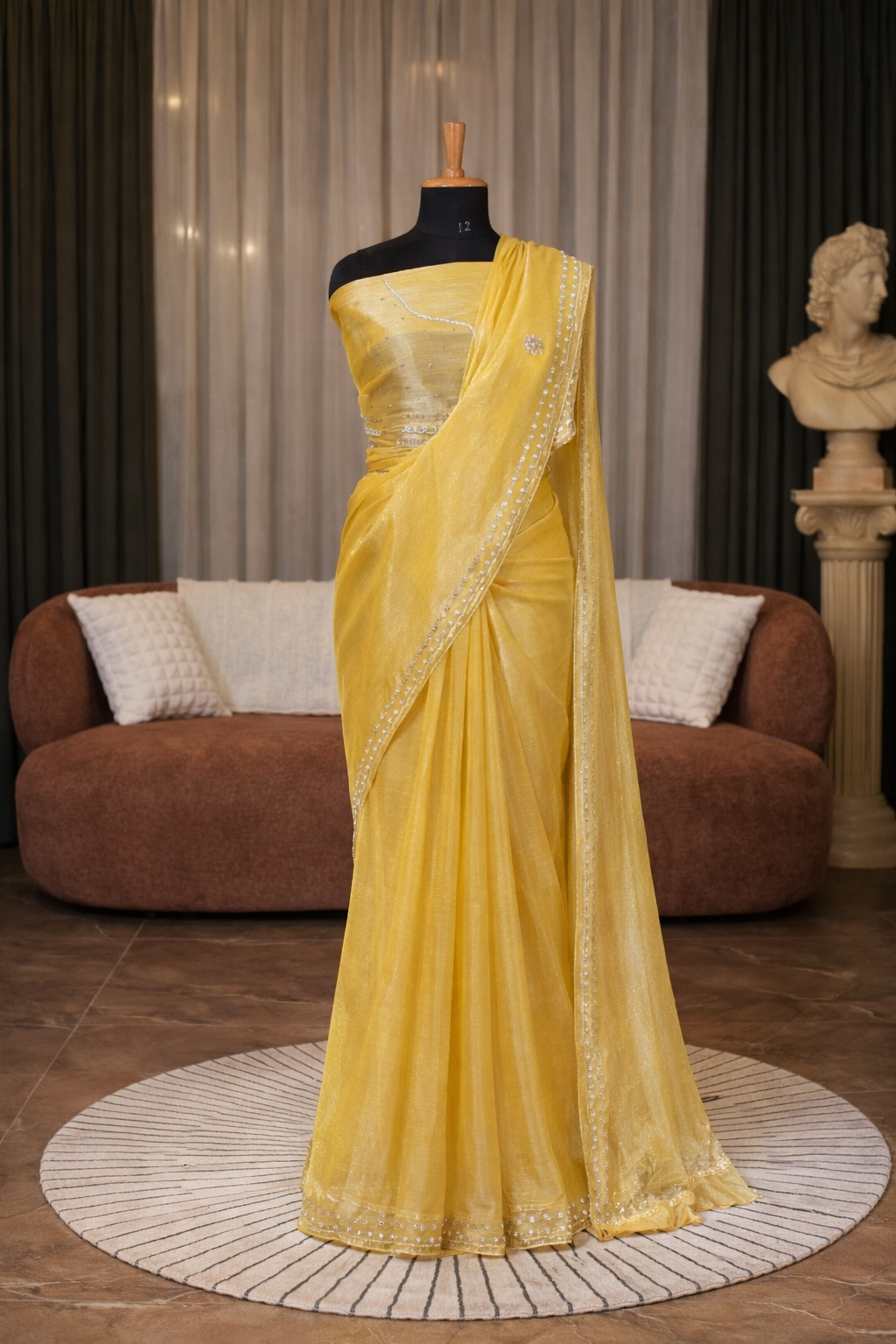 Elegant Sunshine Yellow Shimmer Saree with Embellished Border for Mom