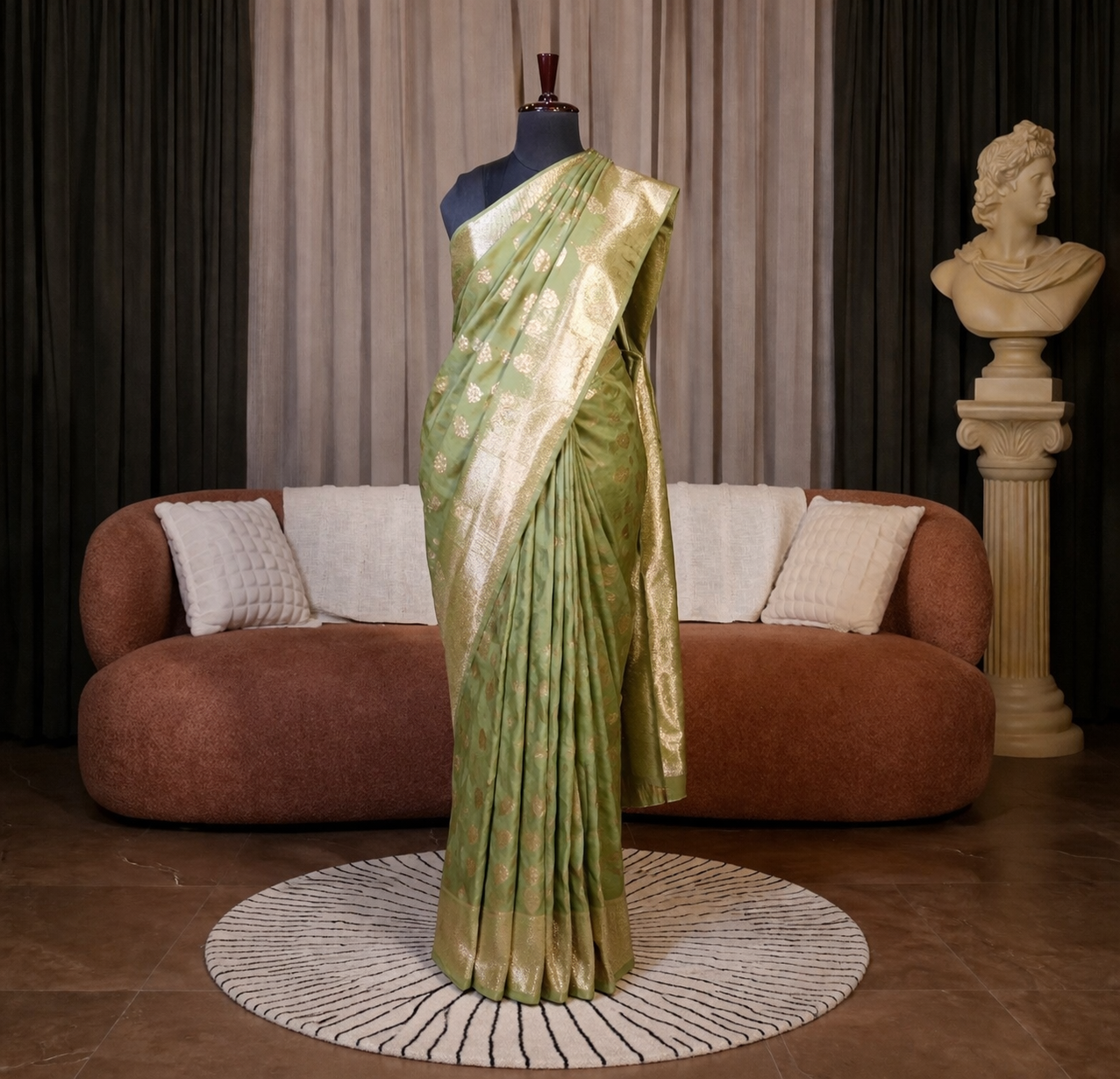 Banarasi-inspired silk blend Olive Green Silk Saree for Mom