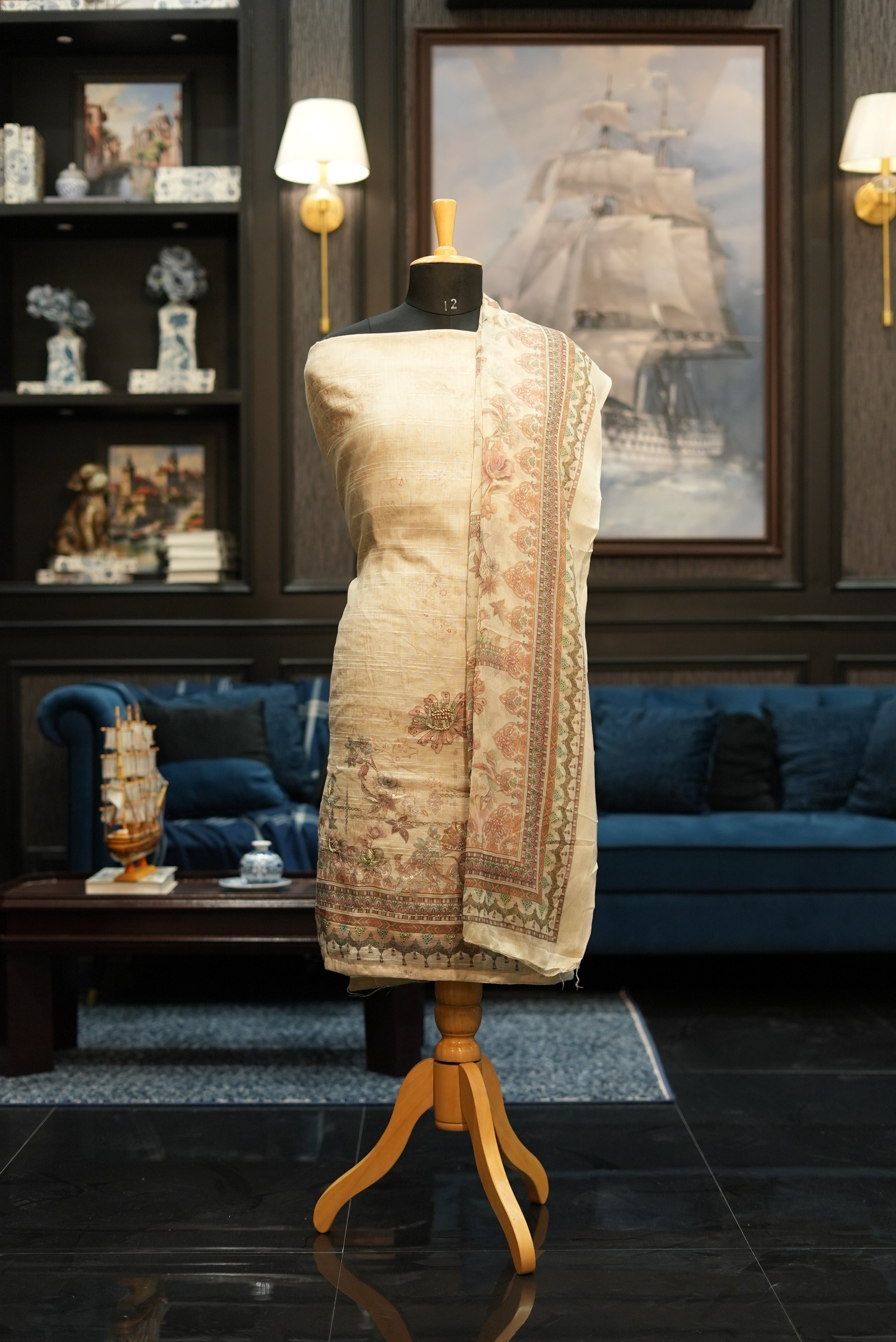 Elegant Cream Beige Punjabi Suit with Printed Dupatta for MOM