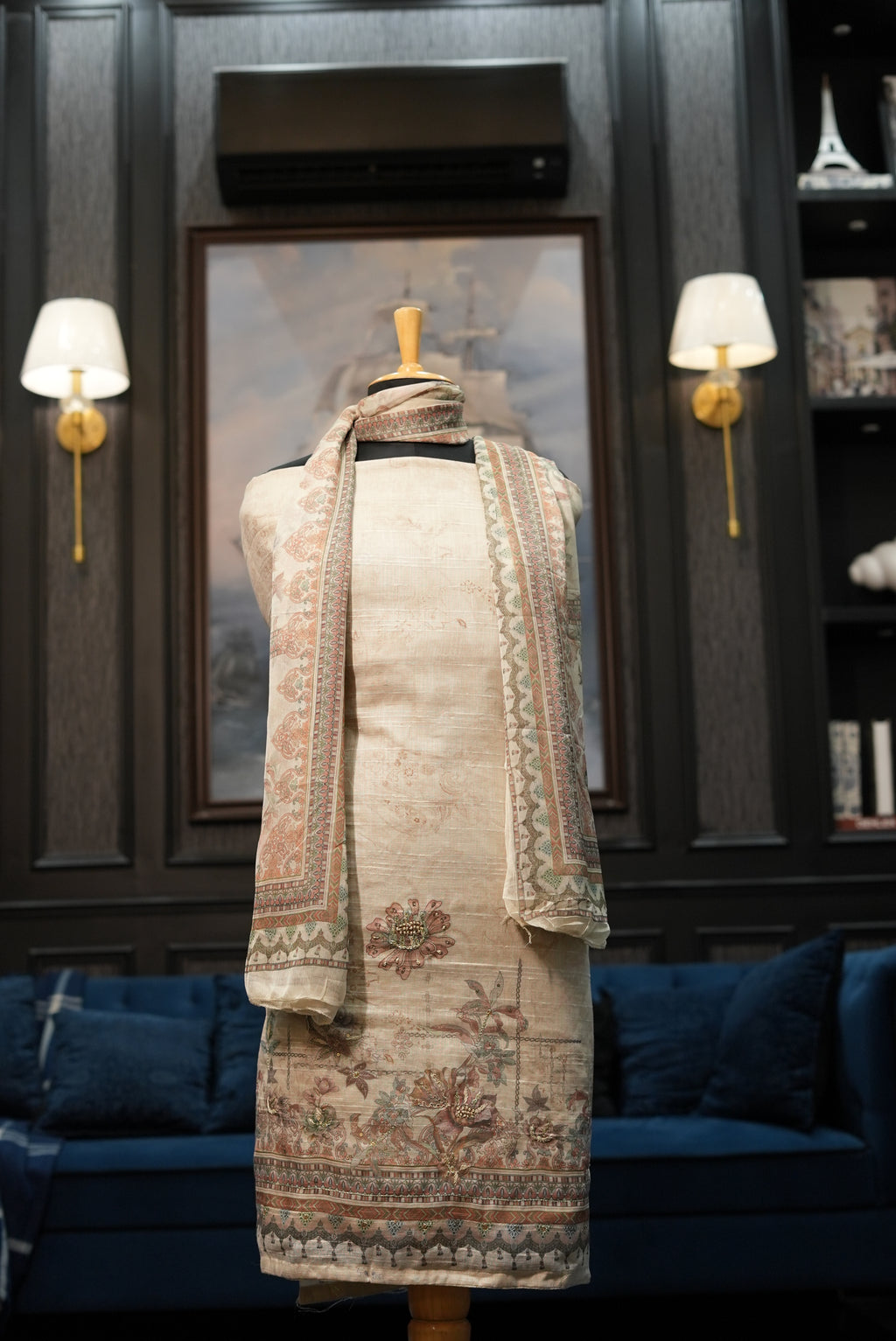 Elegant Cream Beige Punjabi Suit with Printed Dupatta for MOM