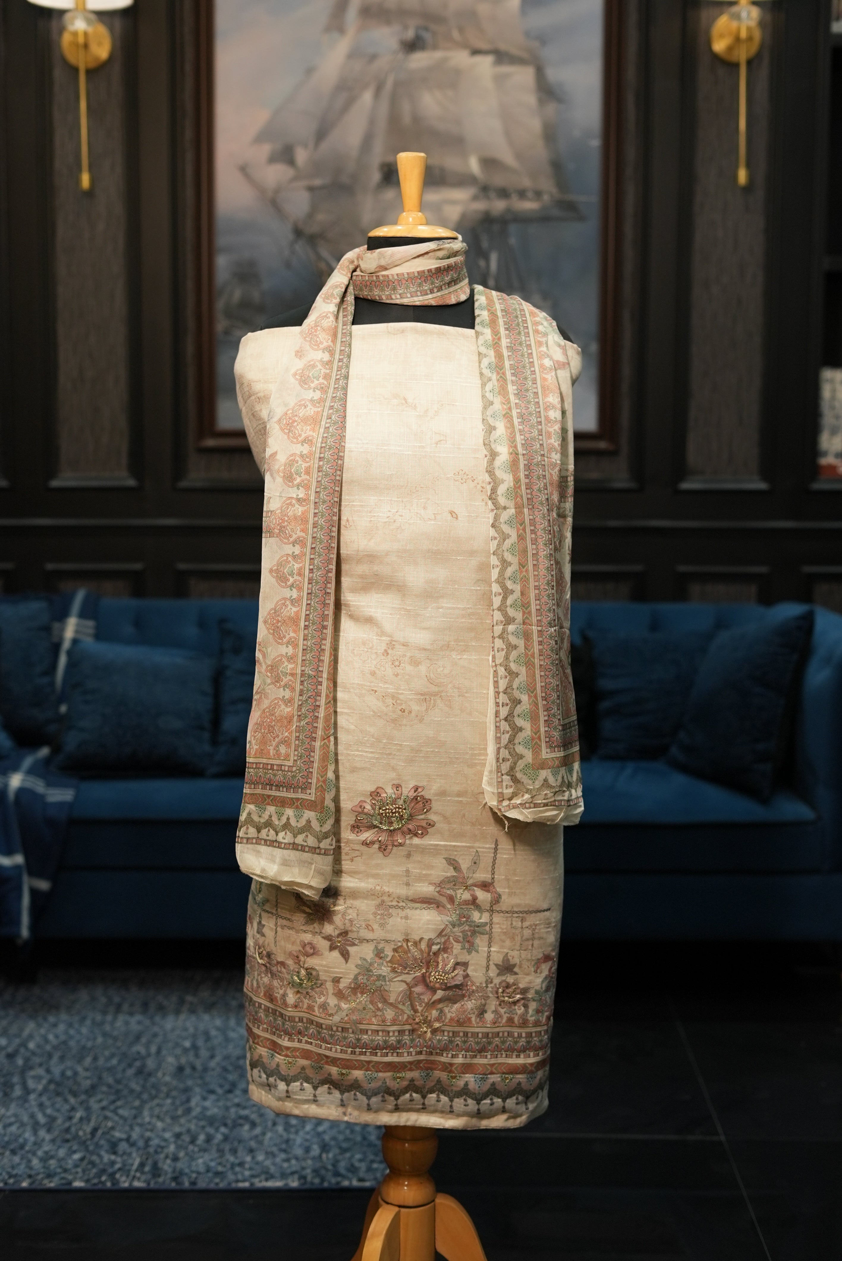 Elegant Cream Beige Punjabi Suit with Printed Dupatta for MOM