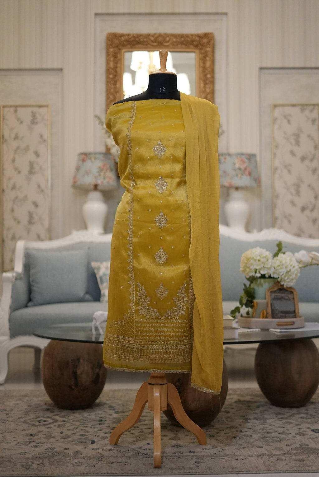 Elegant Mustard Yellow Punjabi Suit with Organza Dupatta for MOM