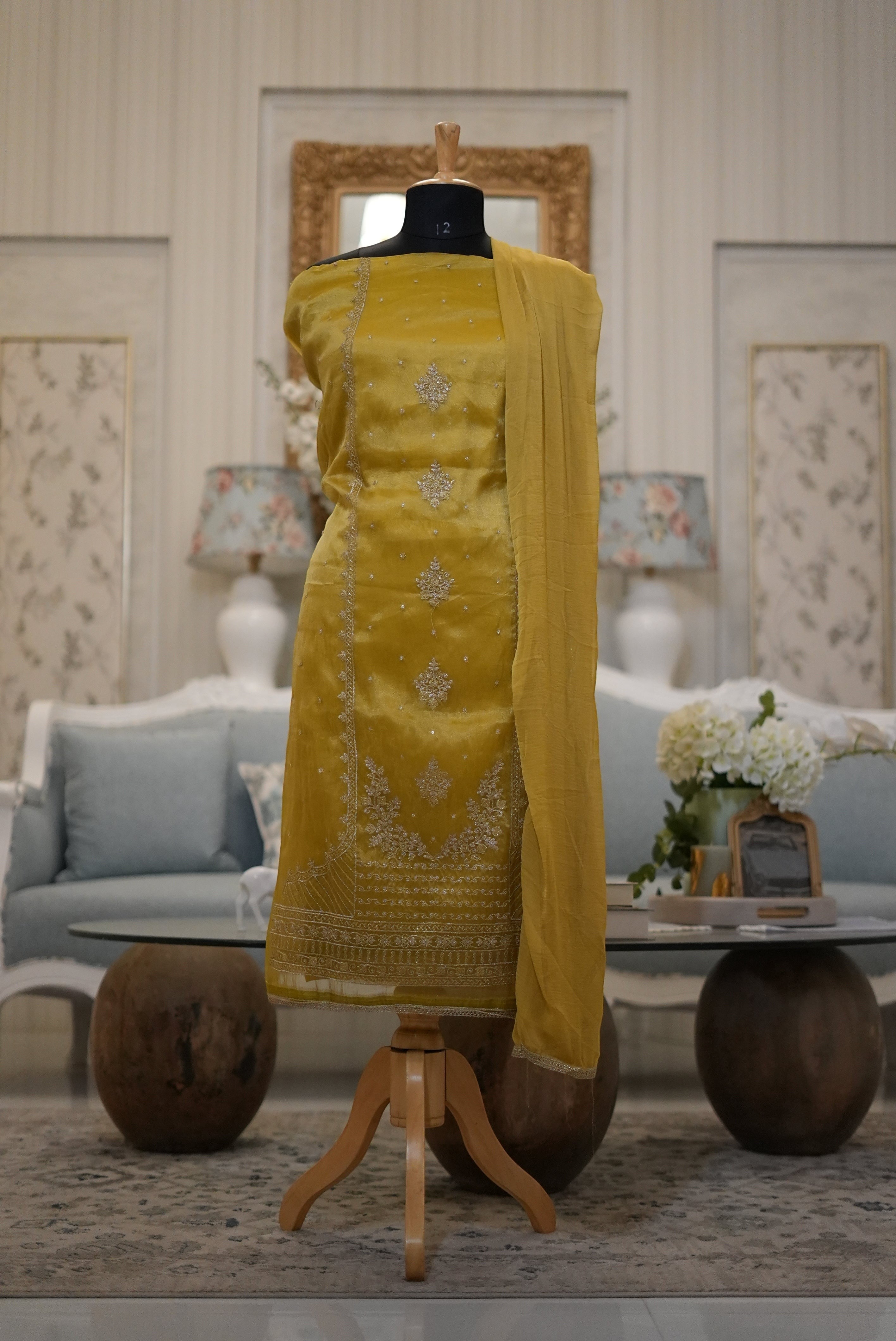 Elegant Mustard Yellow Punjabi Suit with Organza Dupatta for MOM