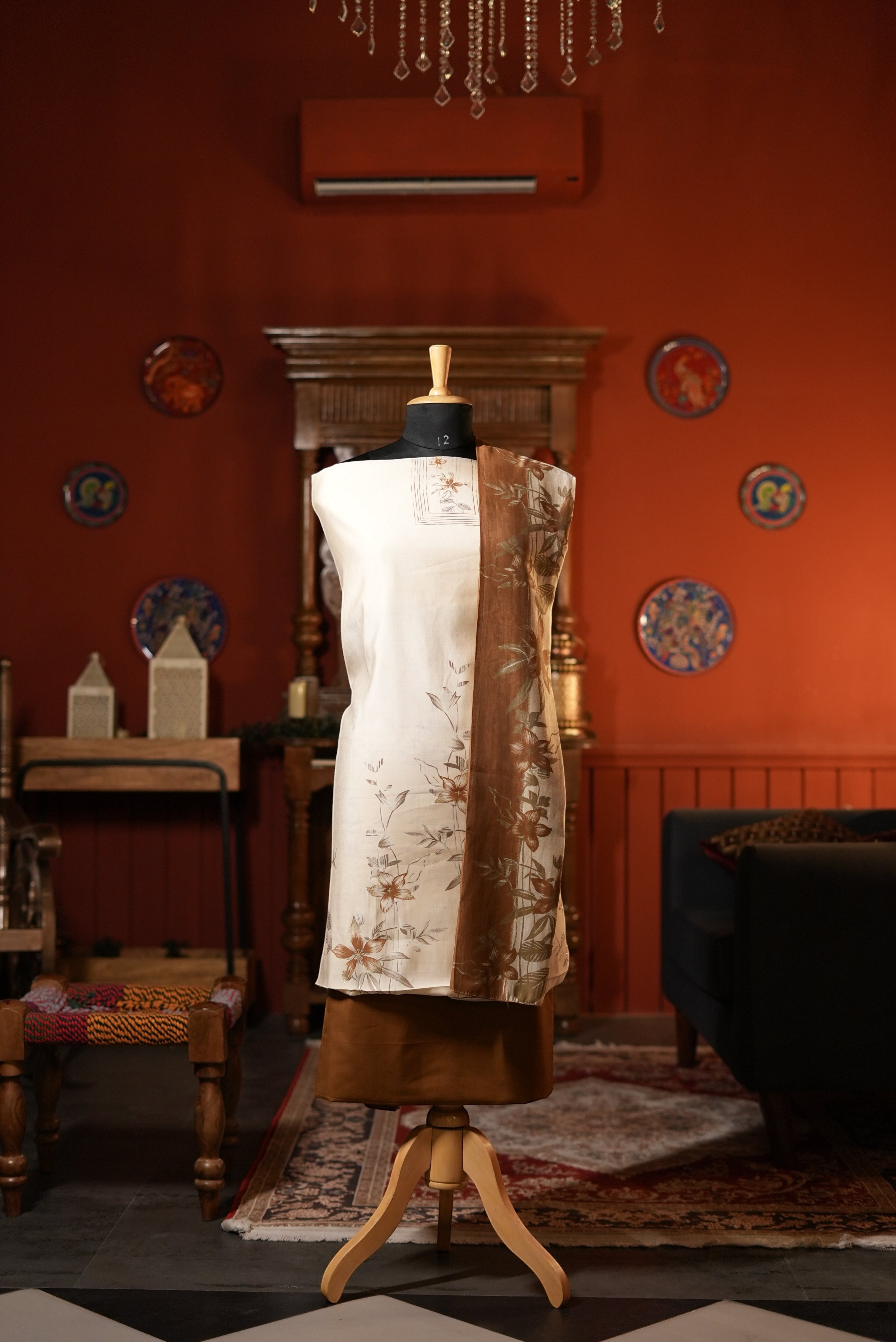 Elegant Off-White & Brown Punjabi Suit with Printed Cotton Dupatta for MOM