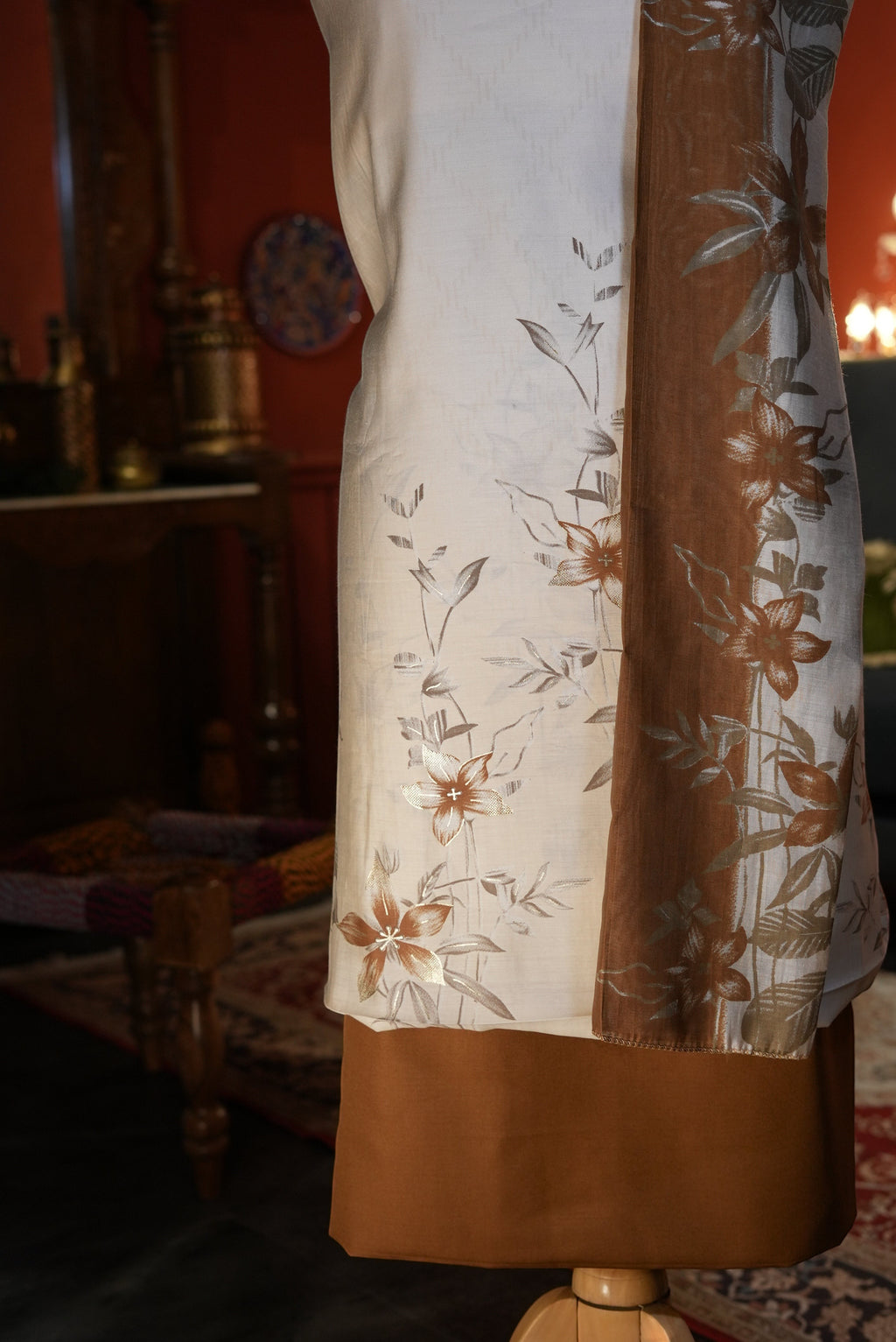 Elegant Off-White & Brown Punjabi Suit with Printed Cotton Dupatta for MOM