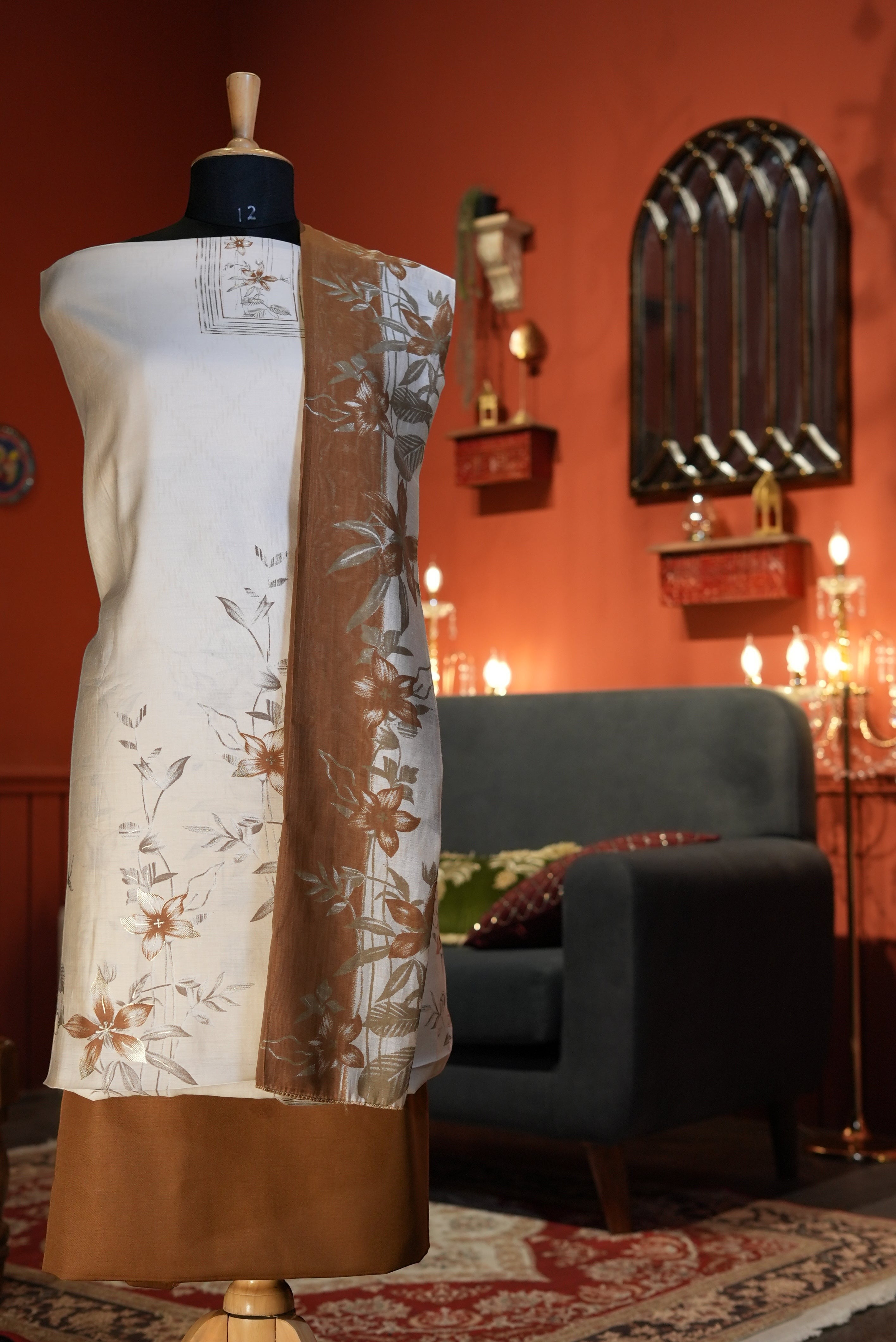 Elegant Off-White & Brown Punjabi Suit with Printed Cotton Dupatta for MOM