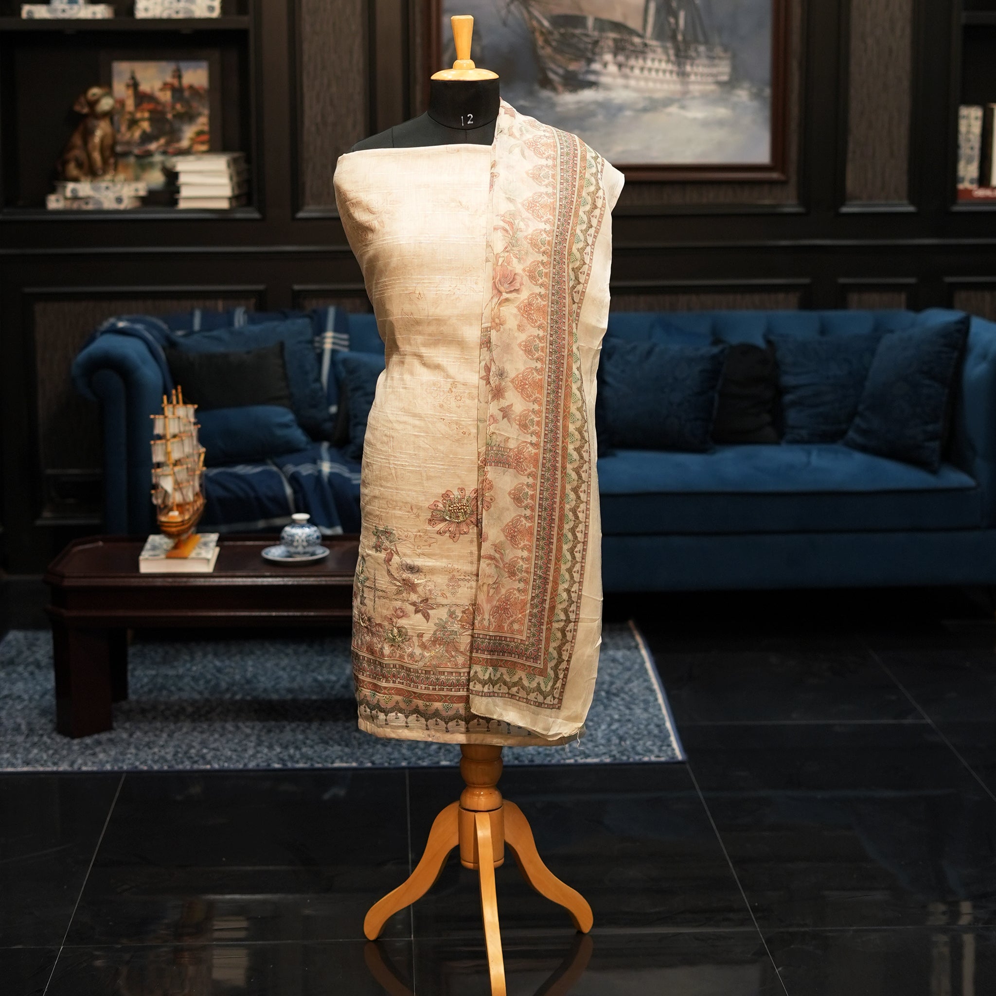 Elegant Cream Beige Punjabi Suit with Printed Dupatta for MOM