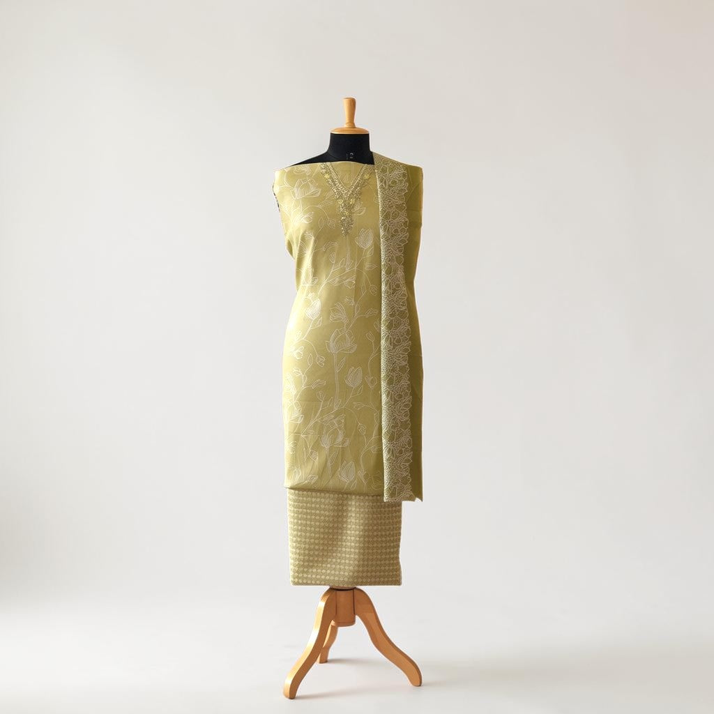 Dream for Mom pistachio green cotton Punjabi suit with floral print and lace dupatta, unstitched.